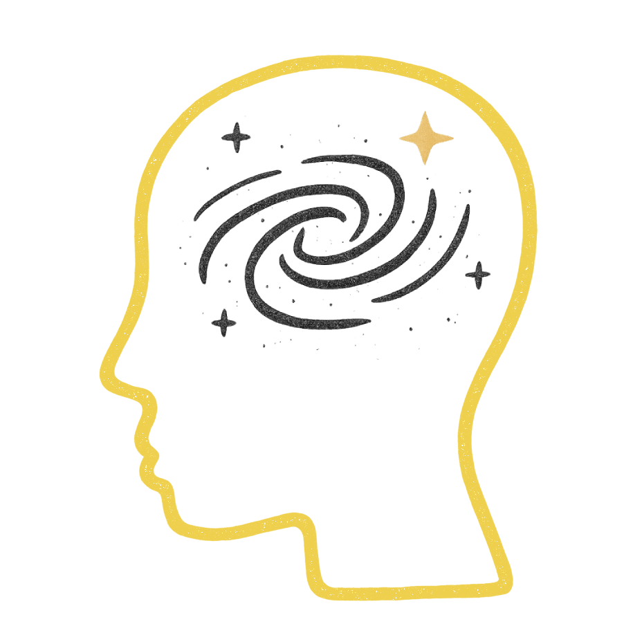 Stylized yellow outline of a human head with a gray spiral galaxy and stars inside, symbolizing imagination or thought.
