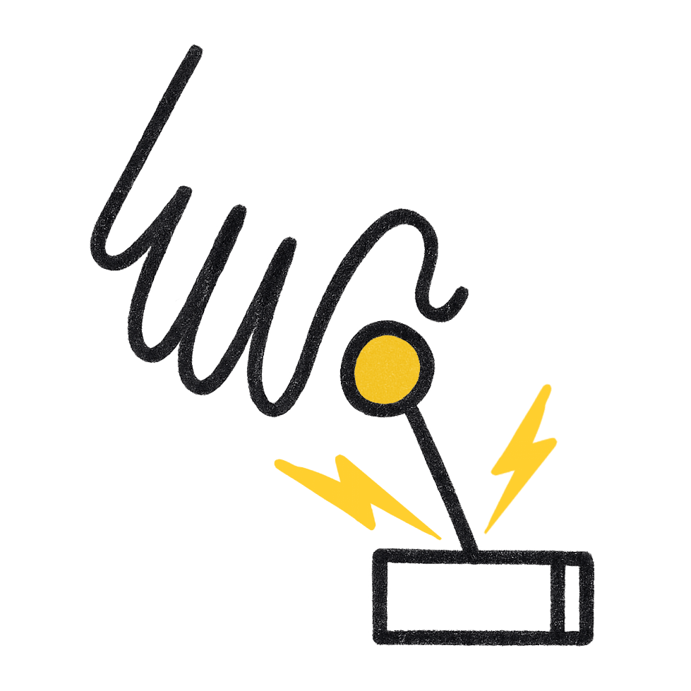 Illustration of a black coiled spring attached to a base with yellow circular joint and two yellow lightning bolts indicating tension or energy.