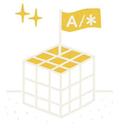 Illustration of a 3x3 cube with a yellow flag on top displaying A/* and two yellow stars nearby.