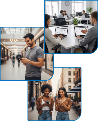 Collage of three images: man smiling and using smartphone in mall, two coworkers discussing data on laptops in office, and two women walking outside looking at smartphones together.