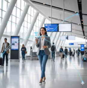 Woman using smartphone in an airport terminal with digital connectivity icons overlay.