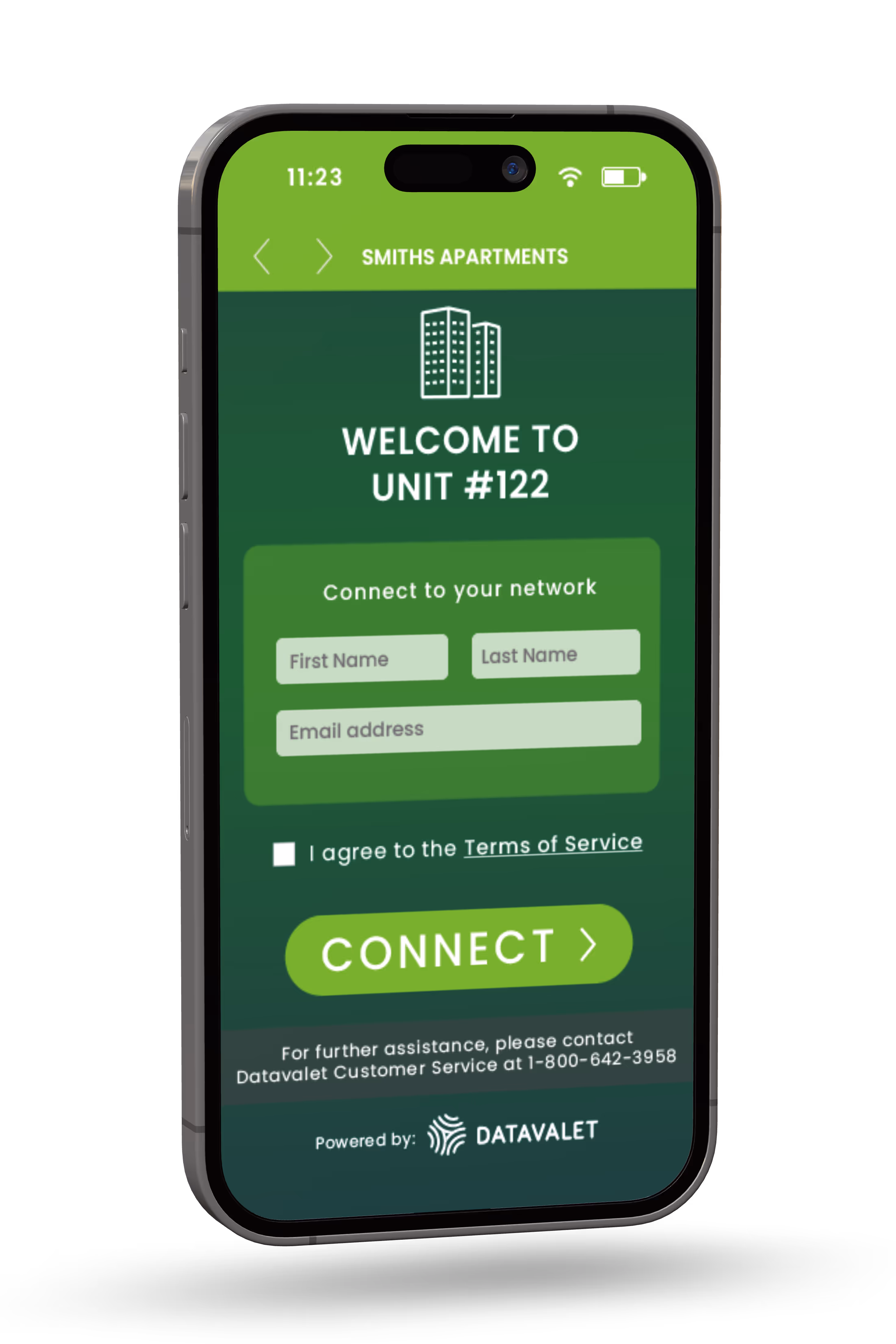 Smartphone screen showing a green-themed login page for Smiths Apartments Unit #122 with fields for first name, last name, email, a terms of service checkbox, and a green connect button.