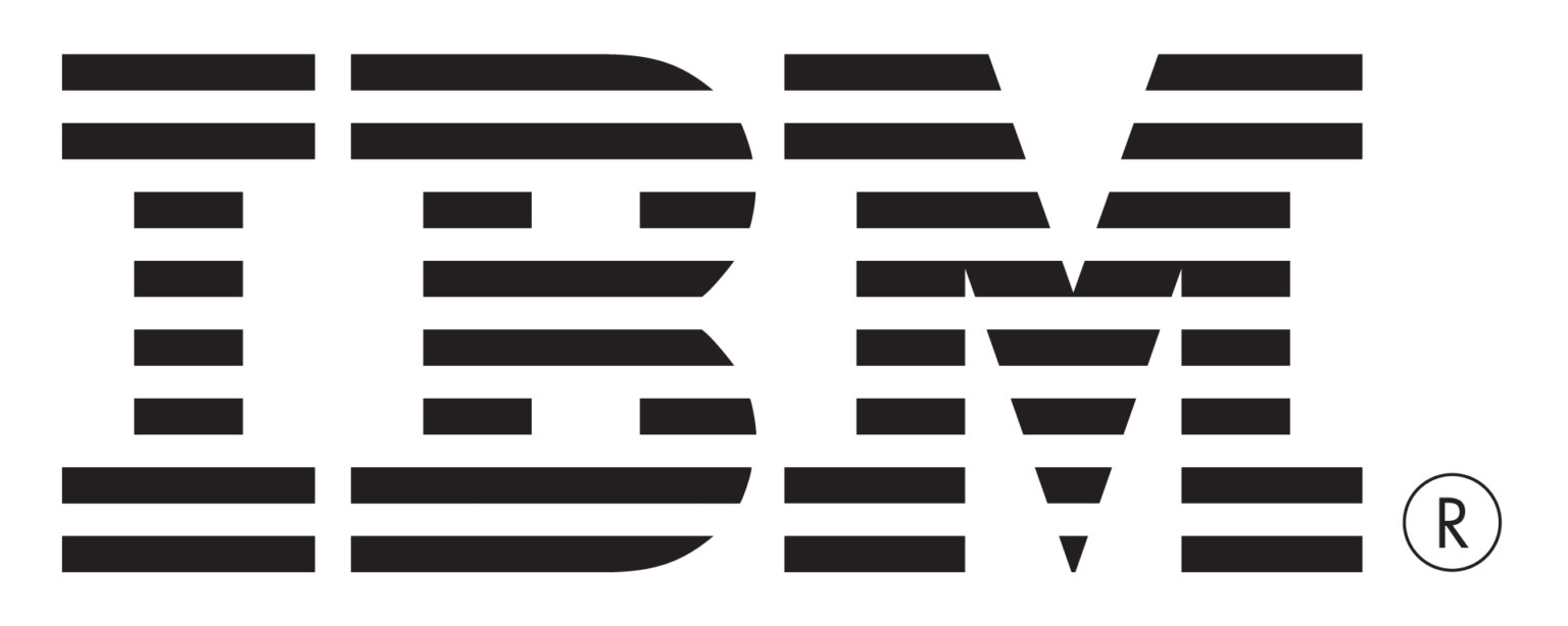 IBM logo with black horizontal stripes forming the letters IBM with a registered trademark symbol.