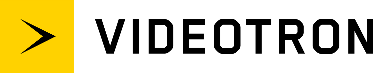 Black right-pointing arrow on yellow background next to the word Videotron in bold black letters.
