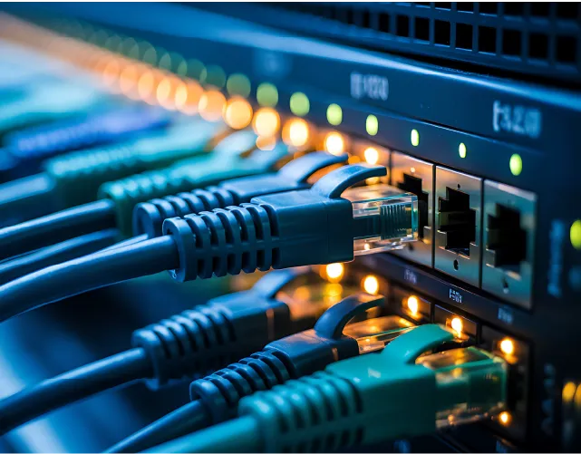 Close-up of Ethernet cables plugged into a network switch with illuminated indicator lights.