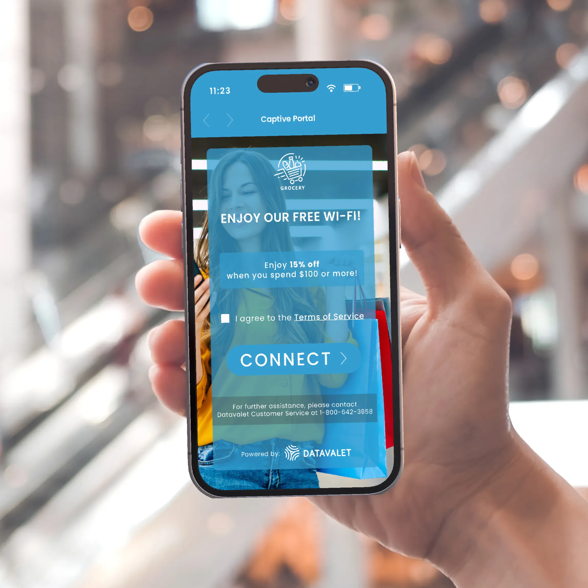 Hand holding a smartphone displaying a captive portal screen offering free Wi-Fi with 15% off a $100 purchase, and a connect button.