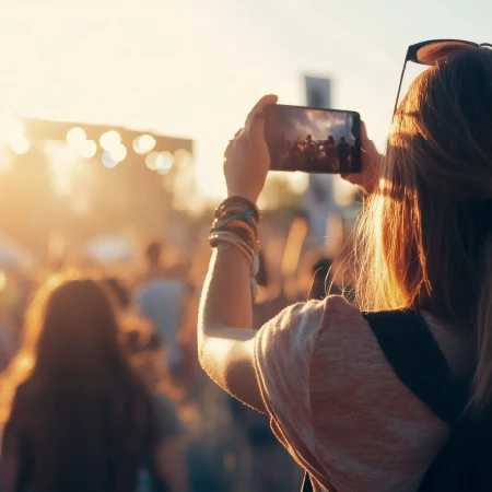 Woman holding phone to record or take photo of a crowd at an outdoor event during sunset.