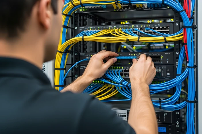 Technician connecting blue and yellow network cables to a server rack.