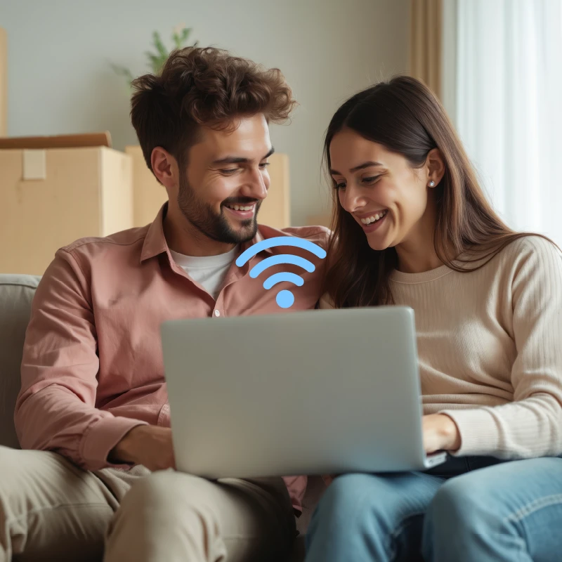 Smiling couple sitting on a couch using a laptop with a blue Wi-Fi symbol above it.