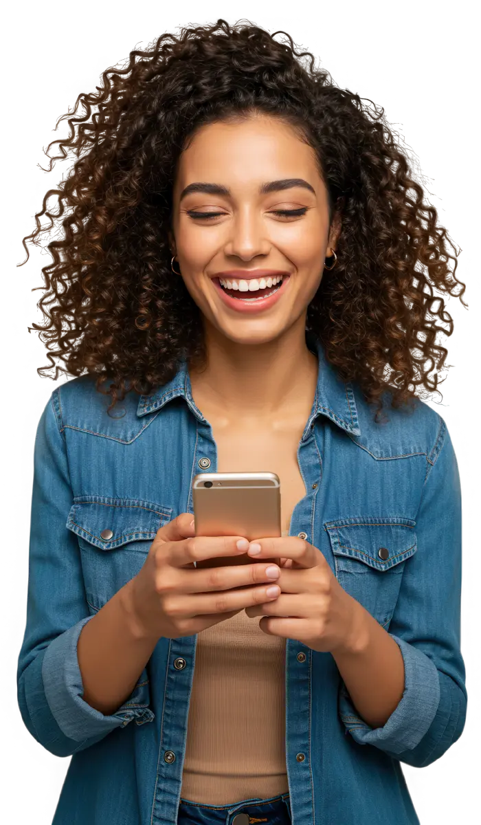 Smiling woman with curly hair wearing a denim jacket looking at her smartphone.