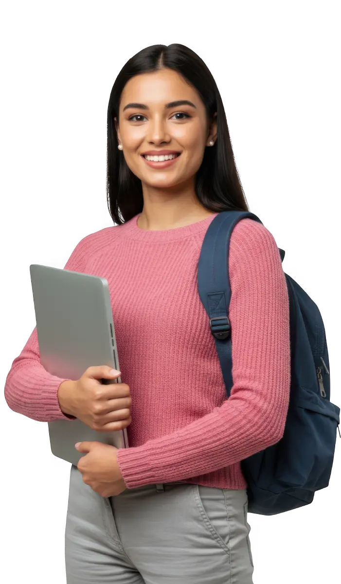 Smiling young woman in pink sweater carrying a laptop and wearing a navy blue backpack.