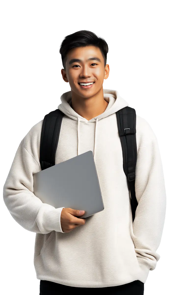 Smiling young man wearing a light-colored hoodie and black backpack, holding a closed laptop.