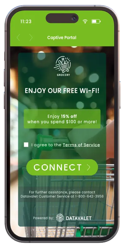 Smartphone screen displaying a captive portal for free Wi-Fi with a 15% discount offer for spending $100 or more and a connect button.