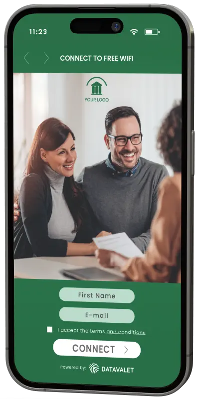 Smartphone screen showing a free WiFi login page with fields for first name and email, a terms and conditions checkbox, and a connect button, featuring a smiling couple talking to another person.
