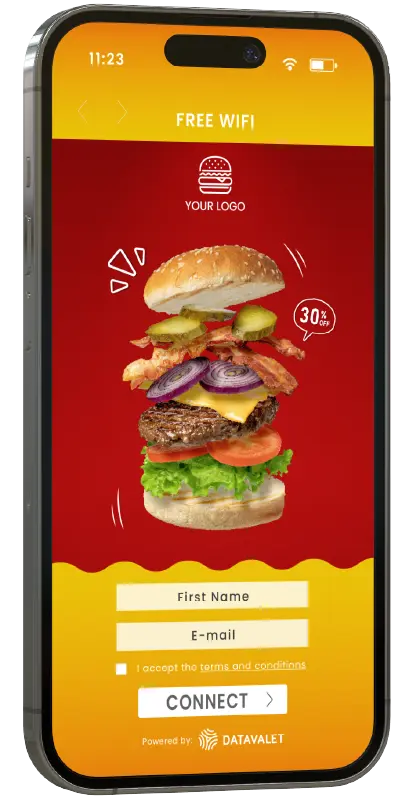 Smartphone screen displaying a free WiFi login page with a stacked burger image, fields for first name and email, a terms acceptance checkbox, and a connect button.