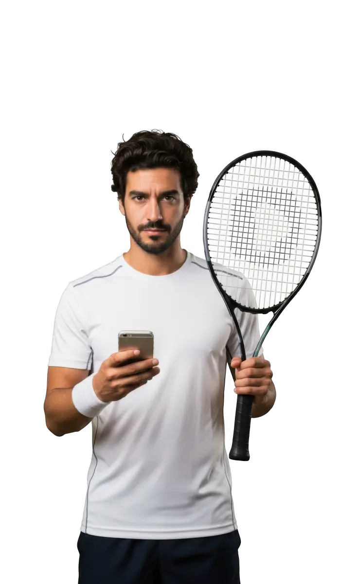 Man in white sportswear holding a tennis racket in one hand and looking at a smartphone in the other hand.