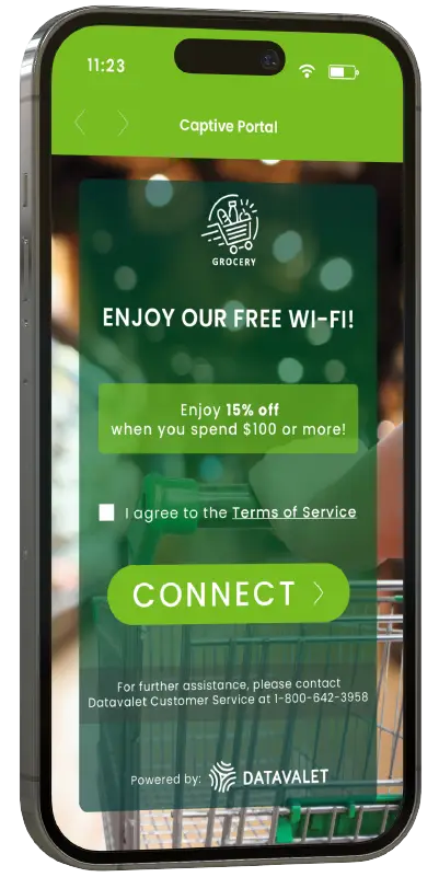 Smartphone screen showing a grocery store captive portal offering free Wi-Fi and 15% off on $100+ purchases with connection button.