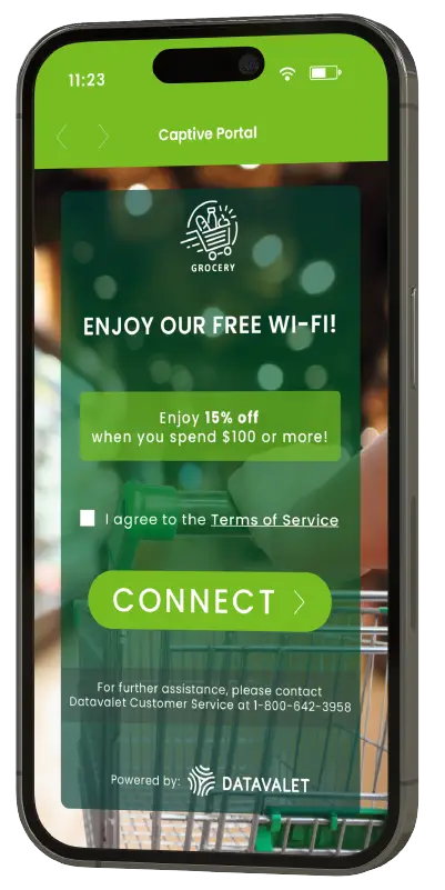 Mobile screen showing a grocery store captive portal offering free Wi-Fi with 15% off on spending $100 or more and a connect button.