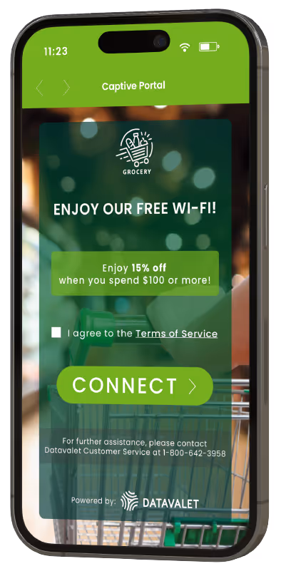 Smartphone screen showing a grocery store captive portal offering free Wi-Fi and 15% off when spending $100 or more with a connect button and terms of service checkbox.