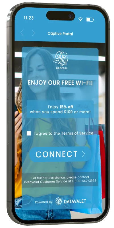 Smartphone screen showing a captive portal for free Wi-Fi with a 15% discount offer on spending $100, and a connect button, overlaying a smiling woman holding shopping bags.