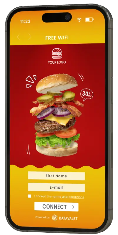 Smartphone showing a free WiFi login screen with a stylized burger image, fields for first name and email, and a connect button.