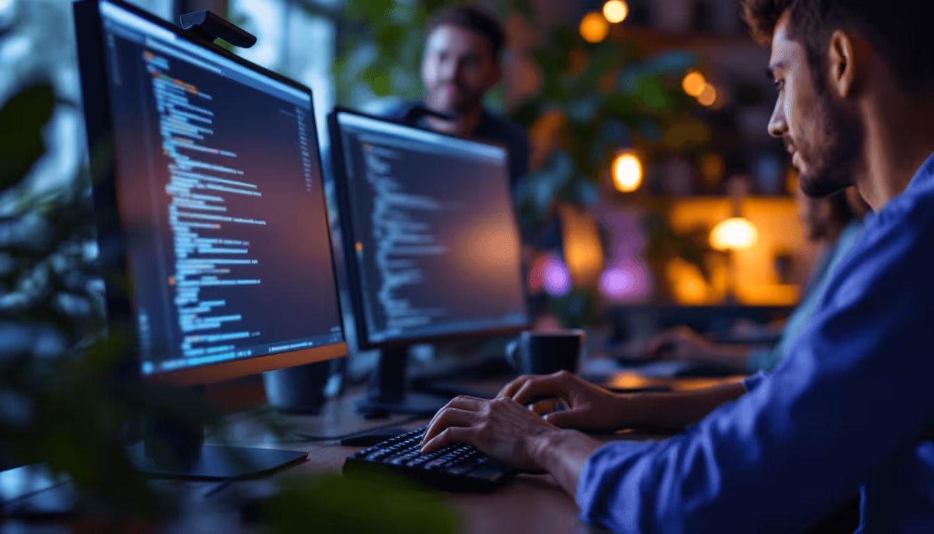 Man in blue shirt working on computer with two monitors displaying code in modern office setting.