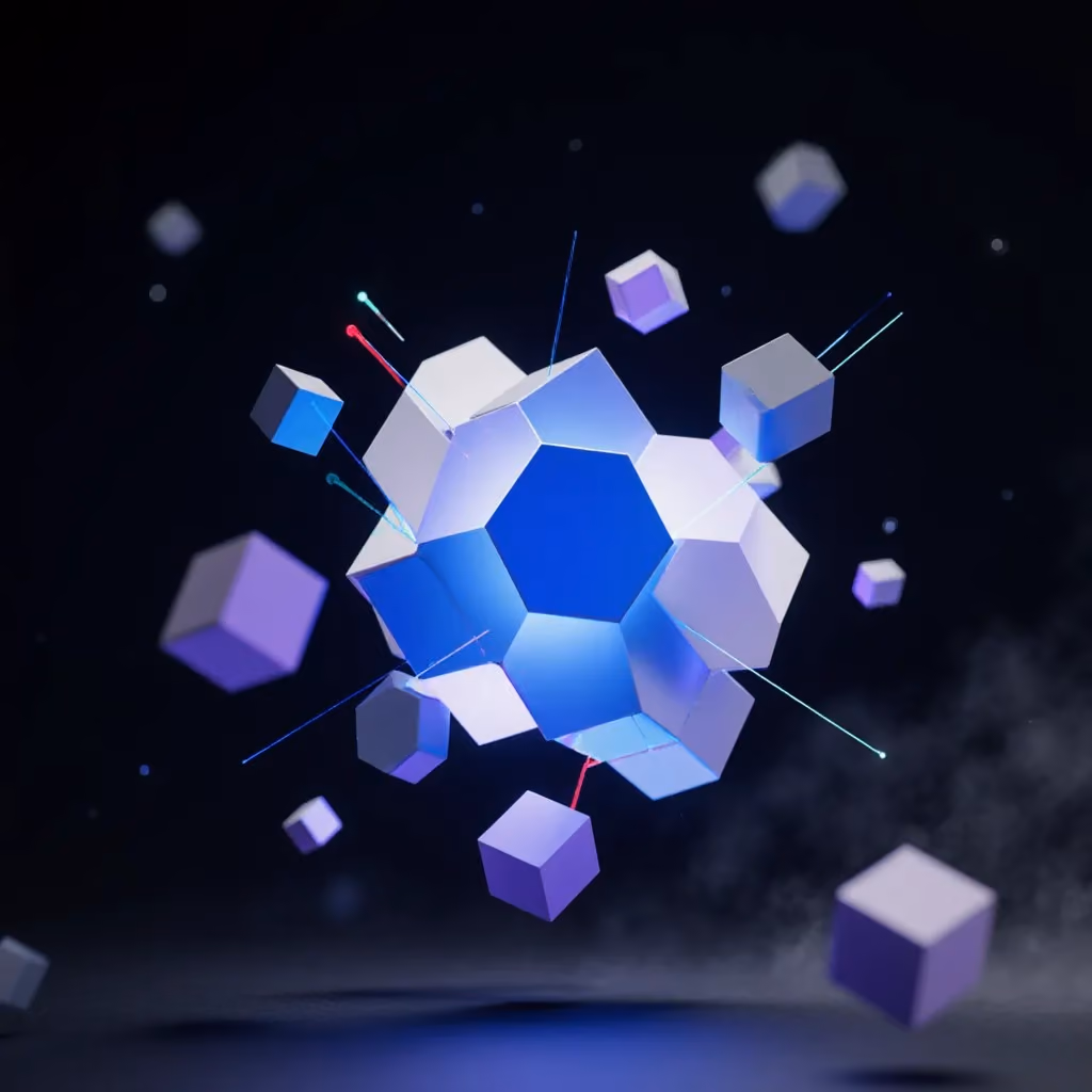 Geometric shapes floating in space, blue and purple cubes and hexagons with glowing lines and effects.