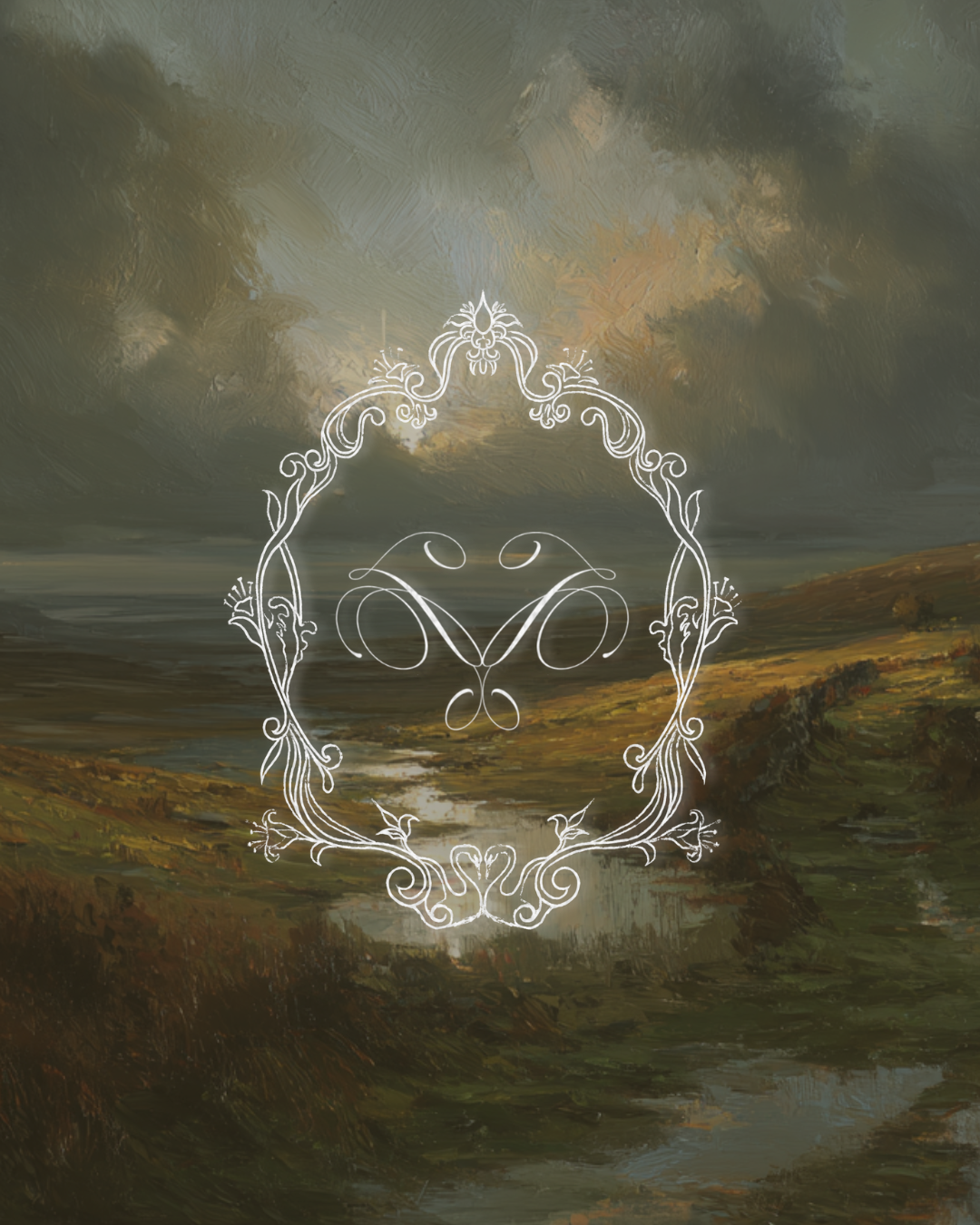 Ornate white floral frame and monogram over a moody landscape painting with a cloudy sky and rolling hills.