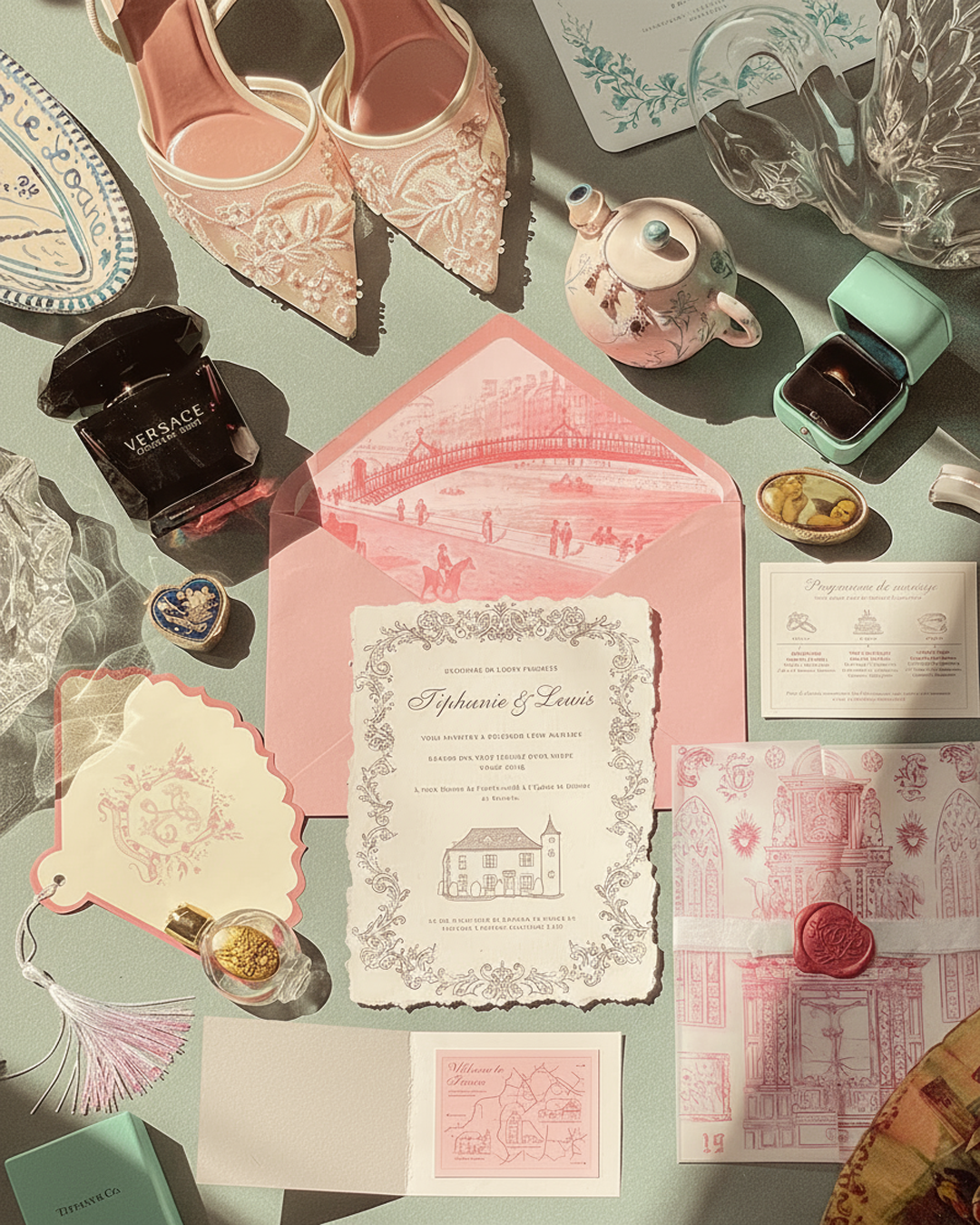 Flat lay of vintage wedding items including a pink envelope with an illustrated card, lace bridal shoes, a teapot, a ring box, and decorative paper pieces on a green surface.