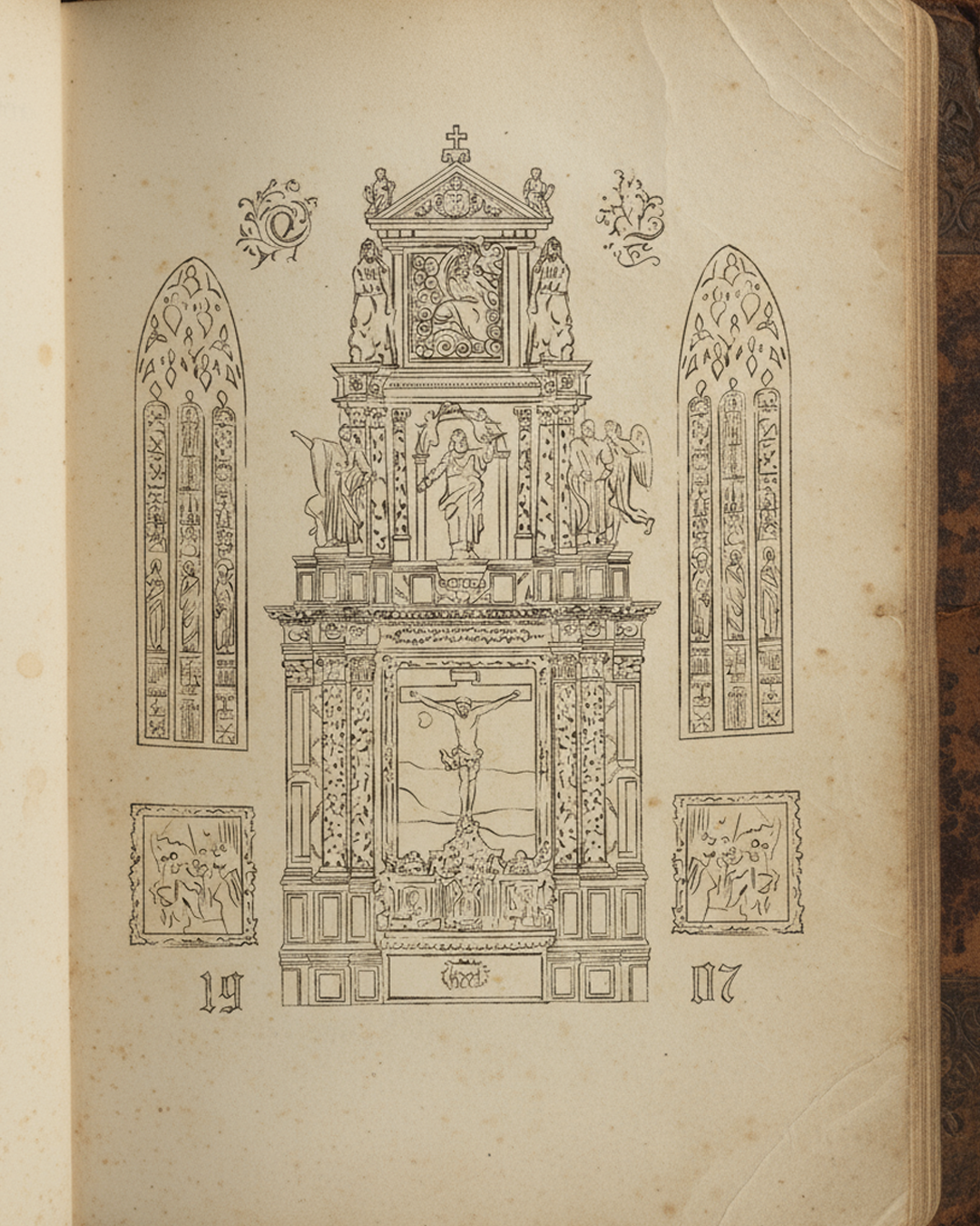 Detailed vintage architectural sketch of a religious altar with crucifixion, statues, and stained glass windows on aged paper.