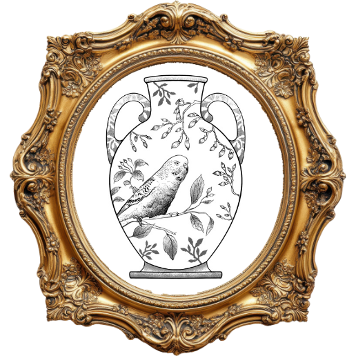 Ornate gold frame surrounding a black and white illustration of a bird perched on a branch inside a decorative double-handled vase.