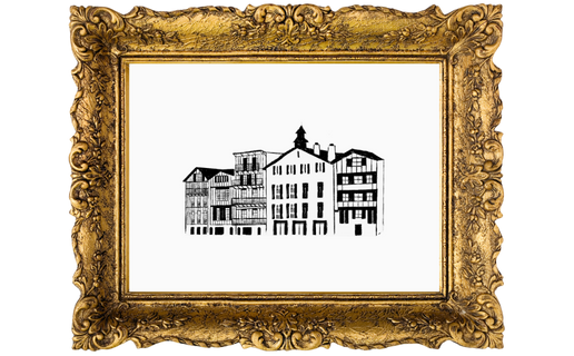 Black and white sketch of a row of four multi-story buildings with various window styles, displayed in an ornate gold frame.
