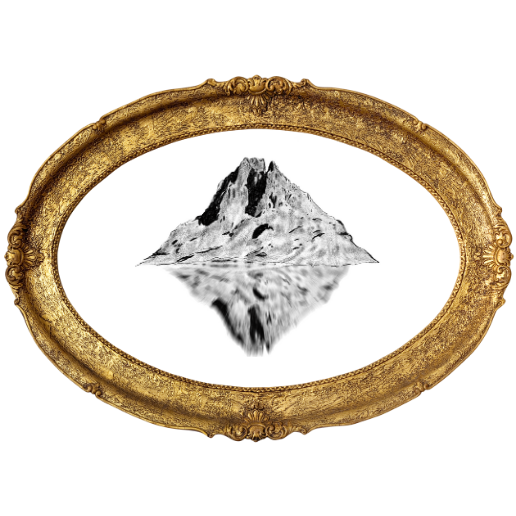 Ornate oval gold frame surrounding a grayscale mountain reflected in water.