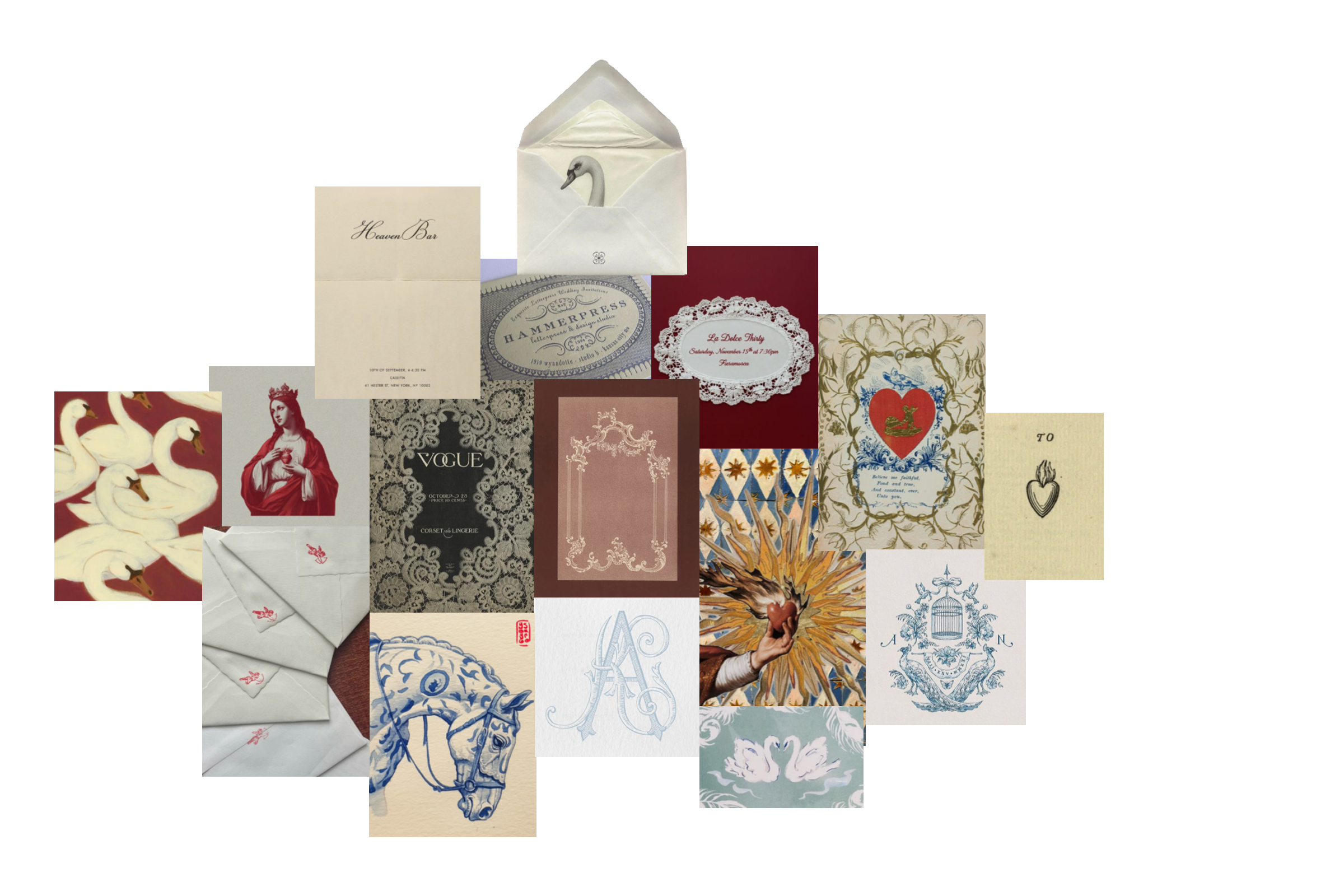 Collage of vintage and artistic cards, envelopes, and illustrations including swans, a crowned woman, a heart with thorns, a blue horse, ornate patterns, and a hand holding a heart with sun rays.