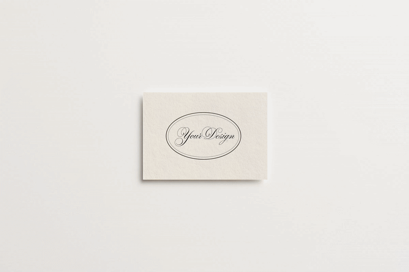 Animated gif of a rotating textured paper card displaying an oval frame with the text 'Your Design' inside.