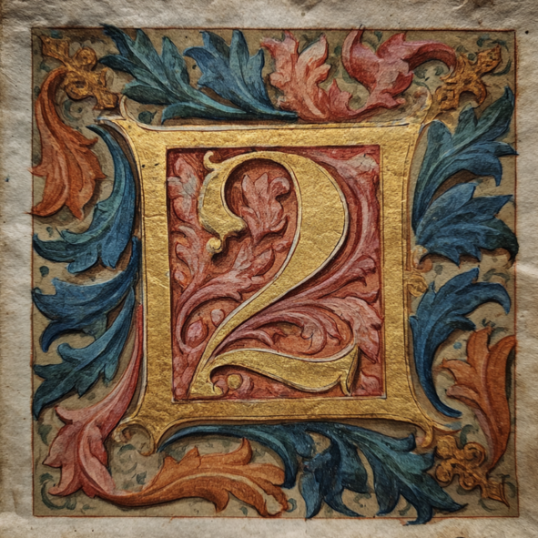 Ornate illuminated manuscript-style number 2 framed by intricate gold, red, blue, and orange floral patterns on aged parchment.