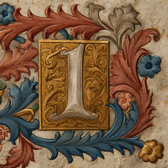 Ornate illuminated manuscript-style number one in white on a gold background, surrounded by decorative red, blue, and gold floral and leaf patterns.