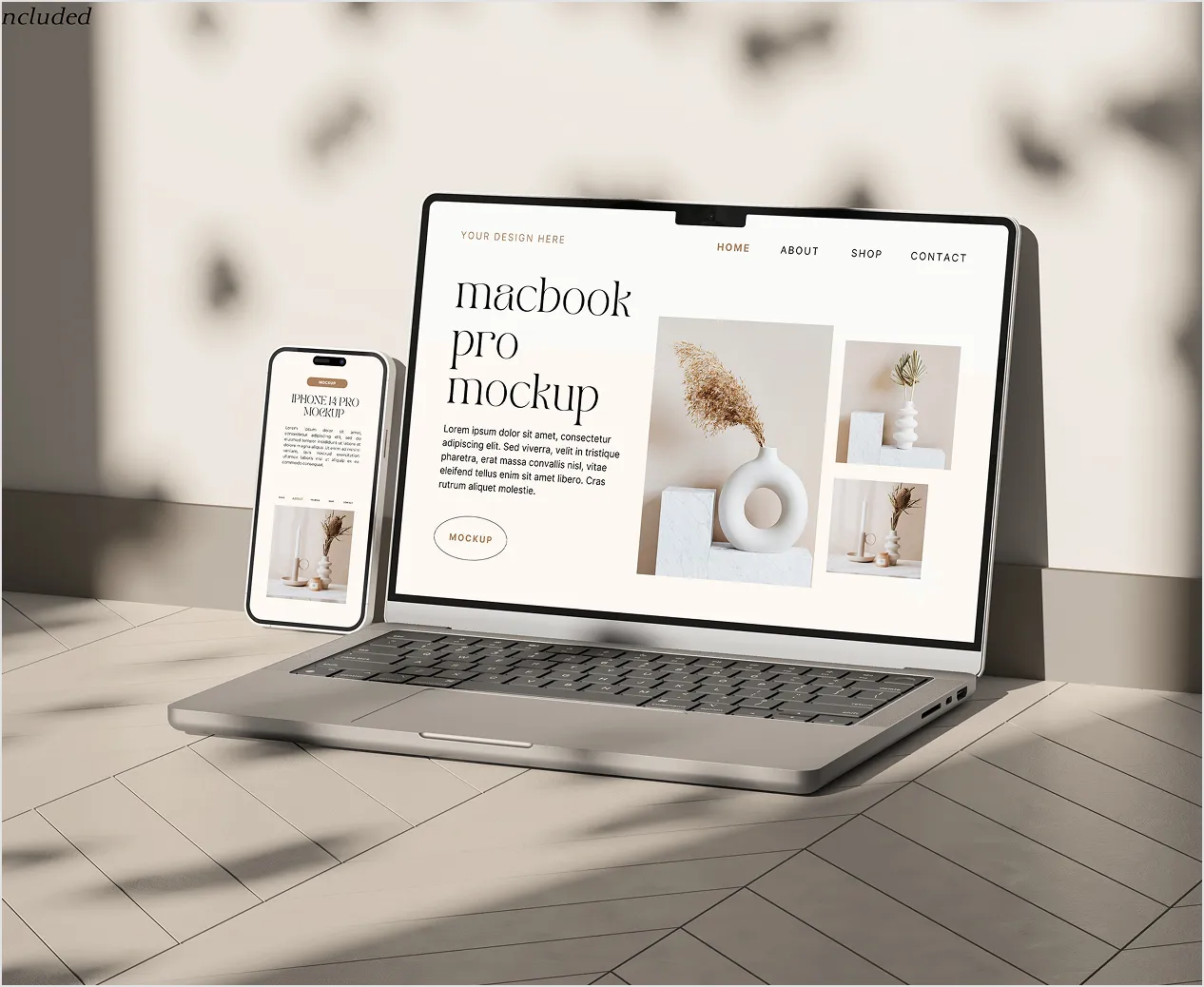 Modern MacBook Pro and iPhone mockup displaying minimalist website design with neutral decor.