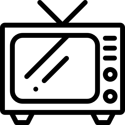 Black and white line drawing of a vintage television with antenna and control knobs.