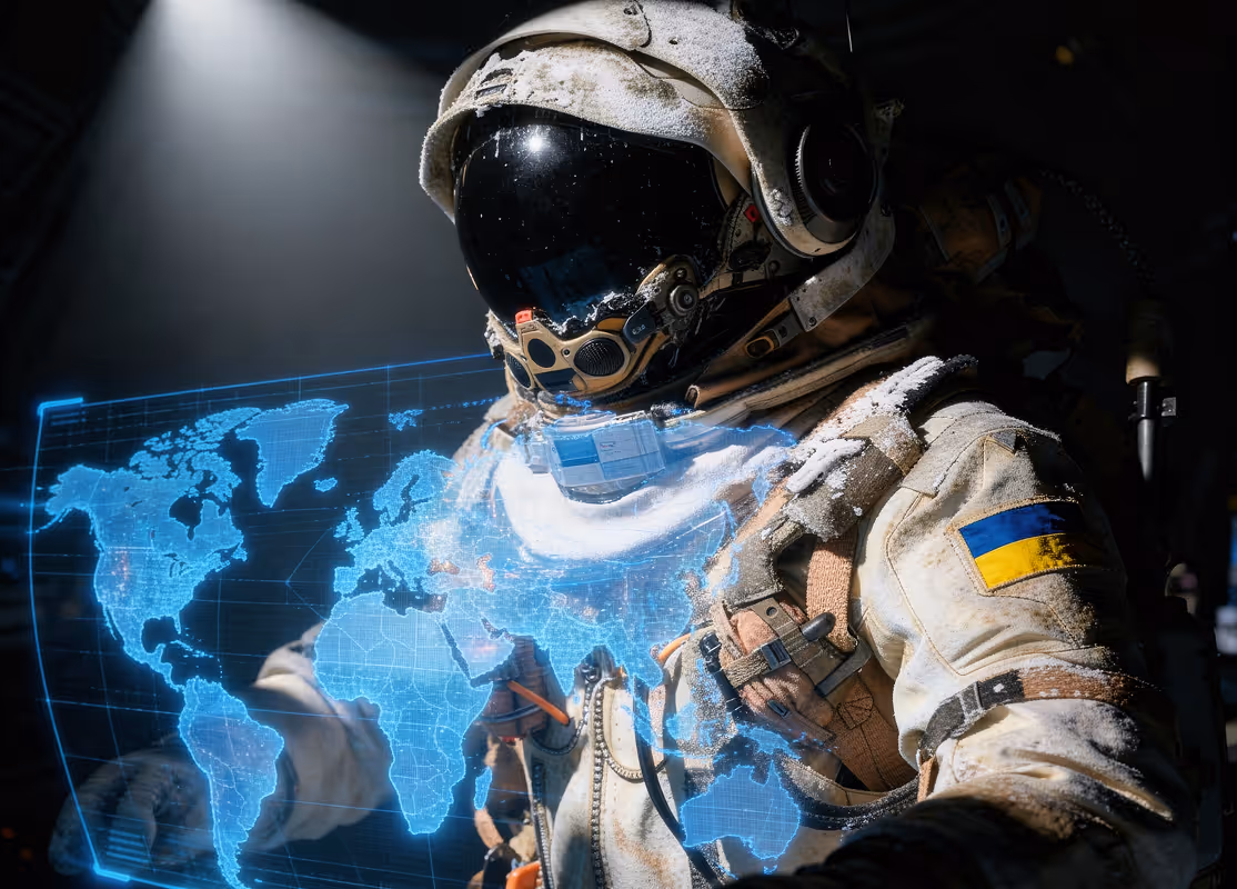 Астронавт в скафандрі працює з голографічною картою світу.