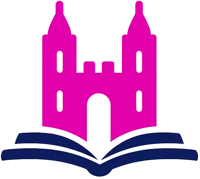 Pink silhouette of a castle above an open dark blue book icon.