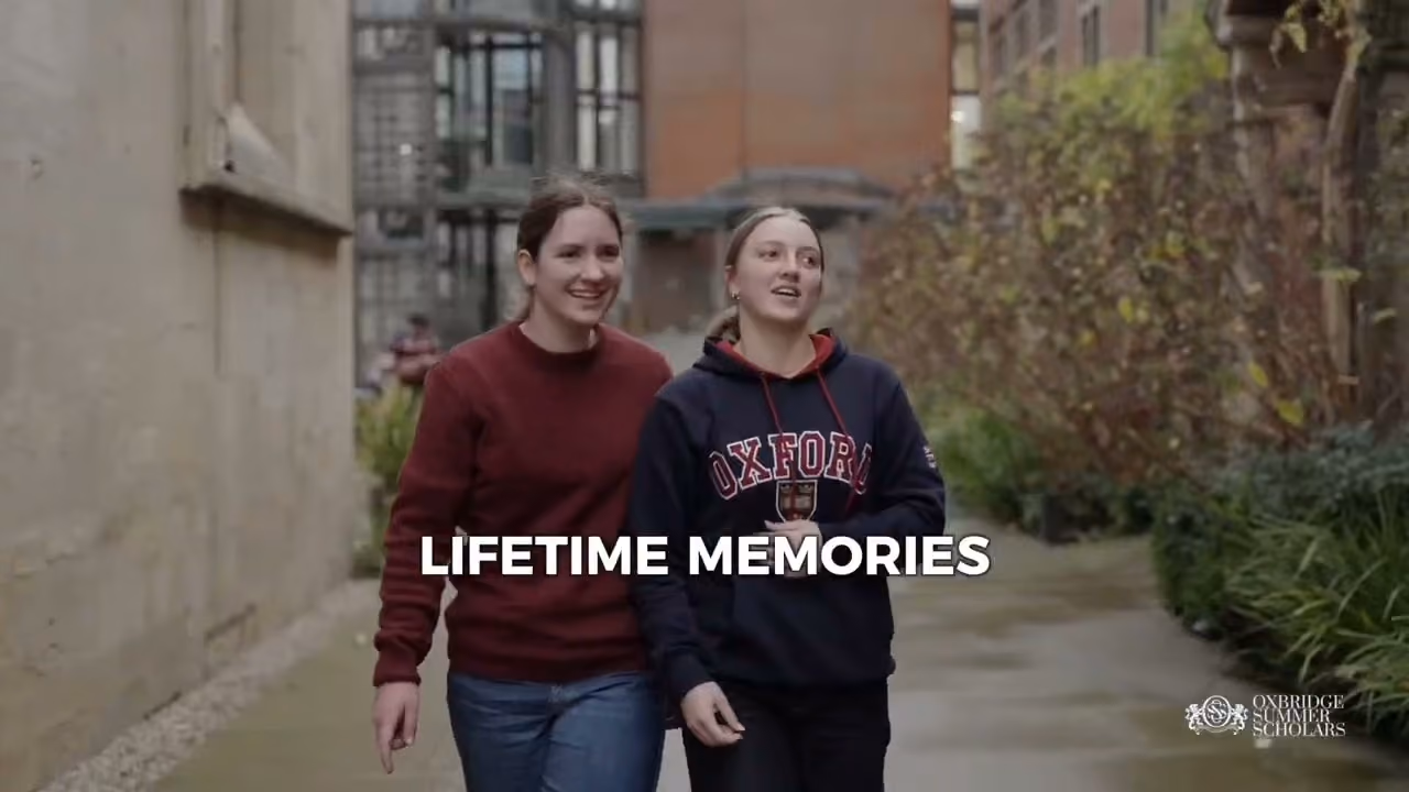 Two young women walking outside with 'LIFETIME MEMORIES' text and Oxford Summer Scholars logo.