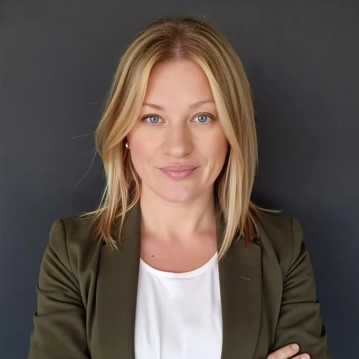 Confident blonde woman in white shirt and olive blazer standing against dark gray background.