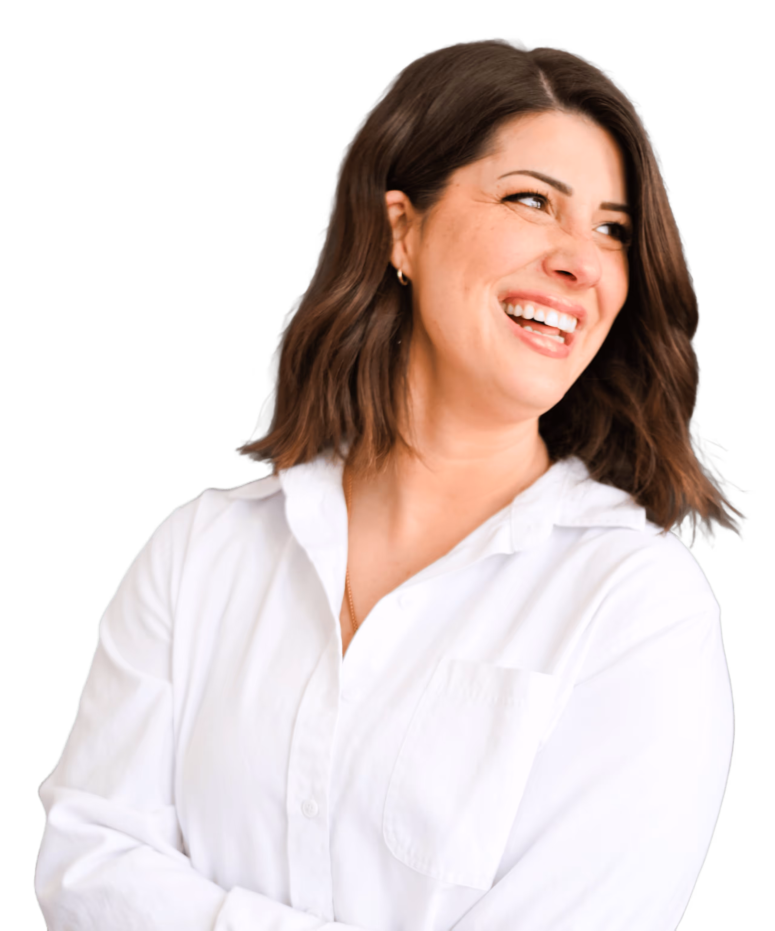 Jessica Kaufman smiling, with shoulder-length brown hair wearing a white button-up shirt looking to the right.