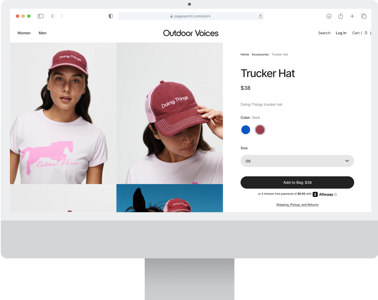 Product page for Outdoor Voices Doing Things trucker hat in bark color with model wearing the hat and a white T-shirt with pink horse graphic.