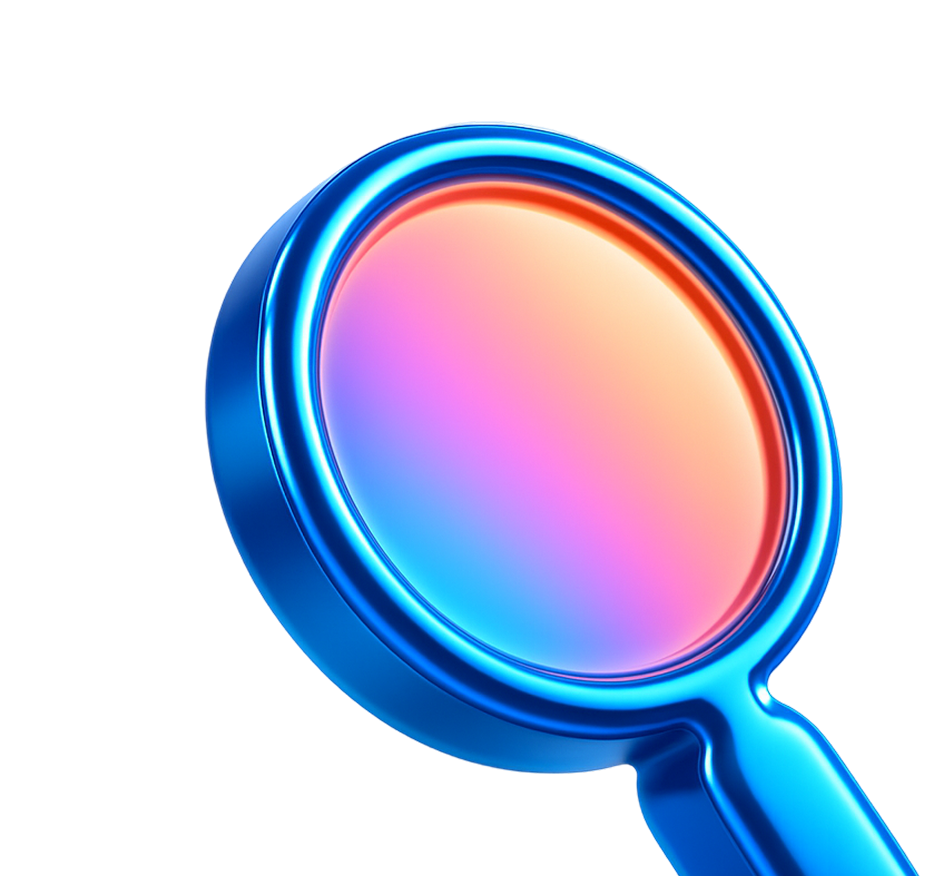 Blue metallic magnifying glass with a gradient reflective lens in shades of pink, orange, and blue.