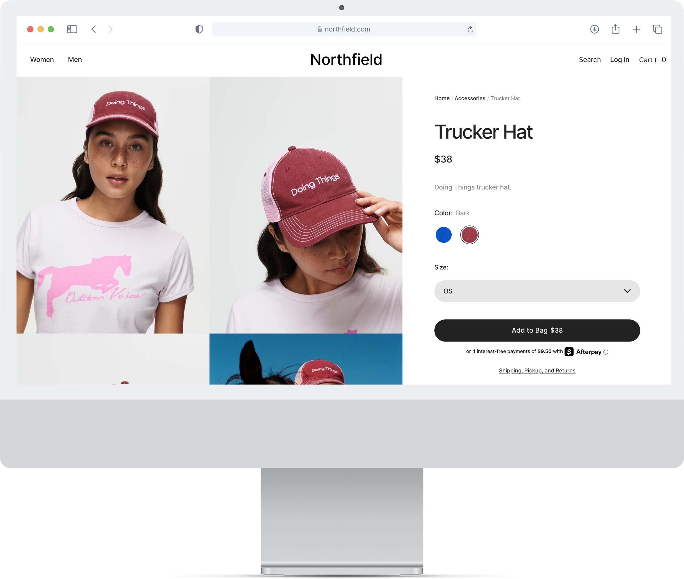 Online store product page showing a woman wearing a pink 'Doing Things' trucker hat and white t-shirt with pink horse graphic, priced at $38.
