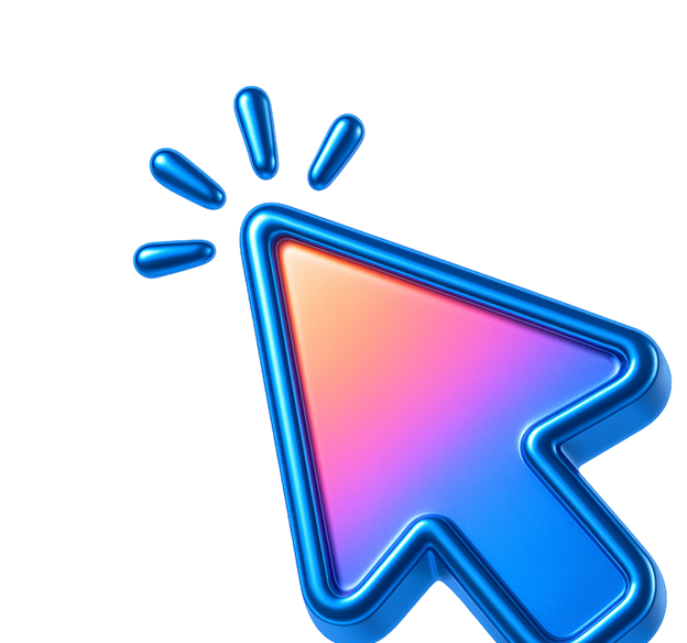 Glossy blue and pink gradient computer cursor icon with shiny highlights and four small blue accent marks.