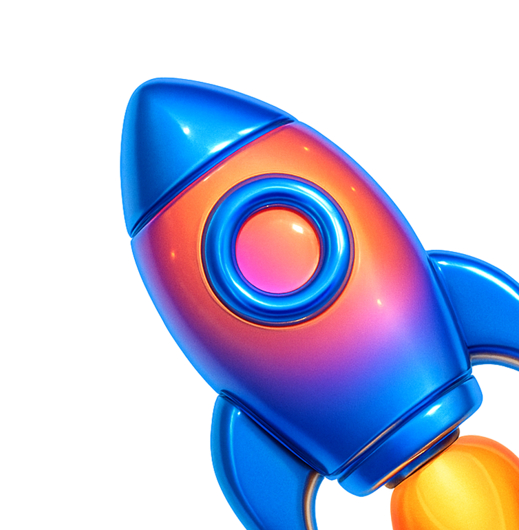 Blue and orange cartoon-style rocket ship with flame at the bottom.
