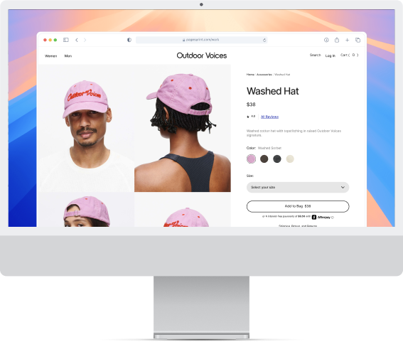 E-commerce page displaying a pink 'Washed Hat' with embroidery, showing front and back views on models, priced at $38.